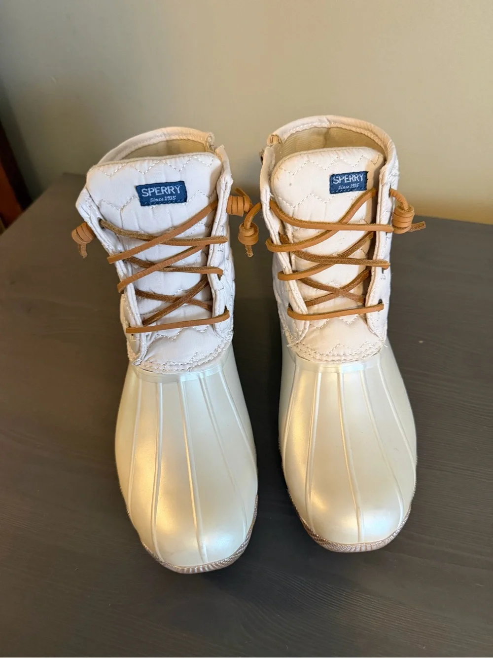 Sperry Cream Quilted Duck Boots with Tan Laces